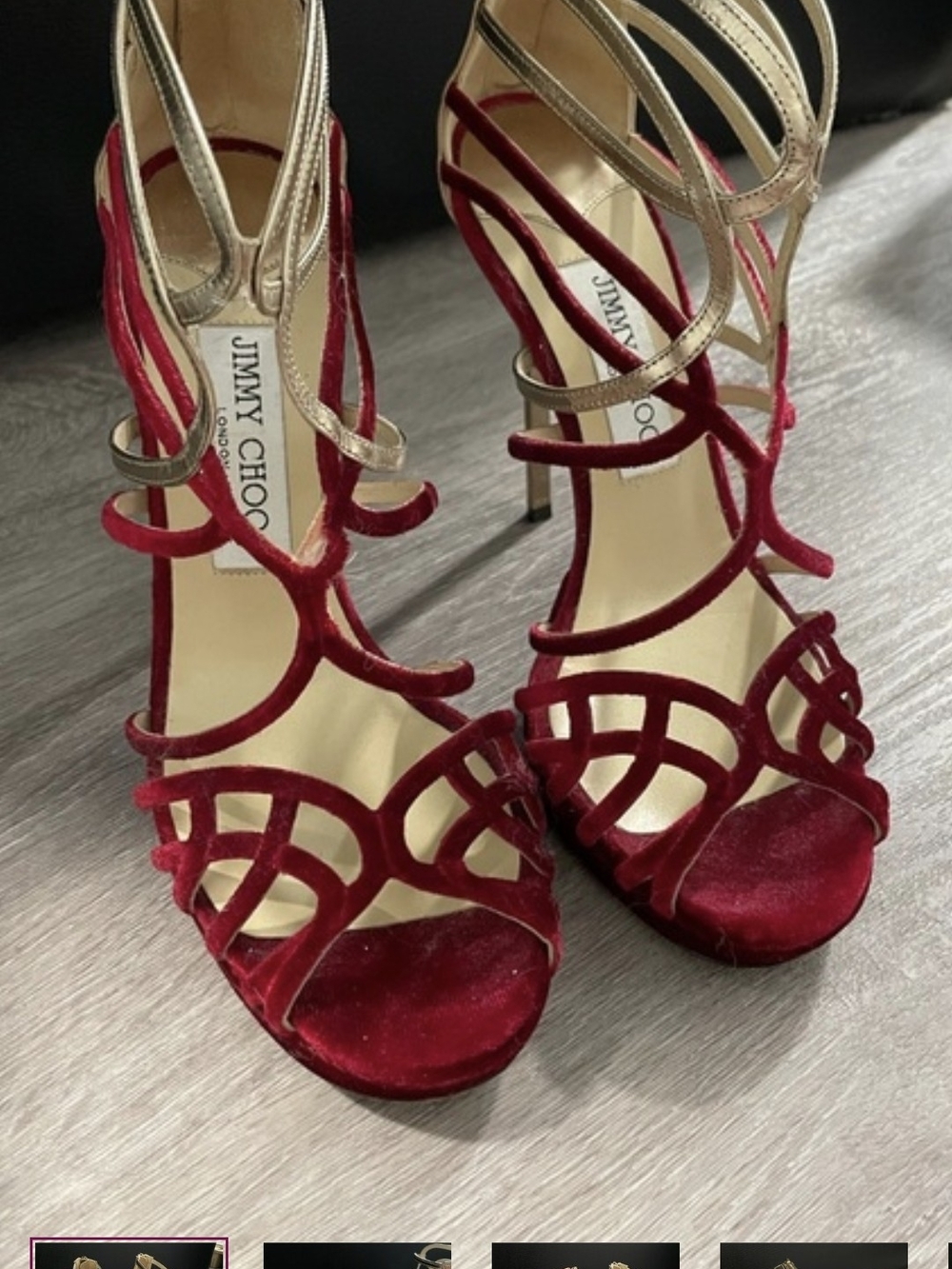 Jimmy Choo Burgundy Velvet Strappy High Heel Sandals with Gold Accents